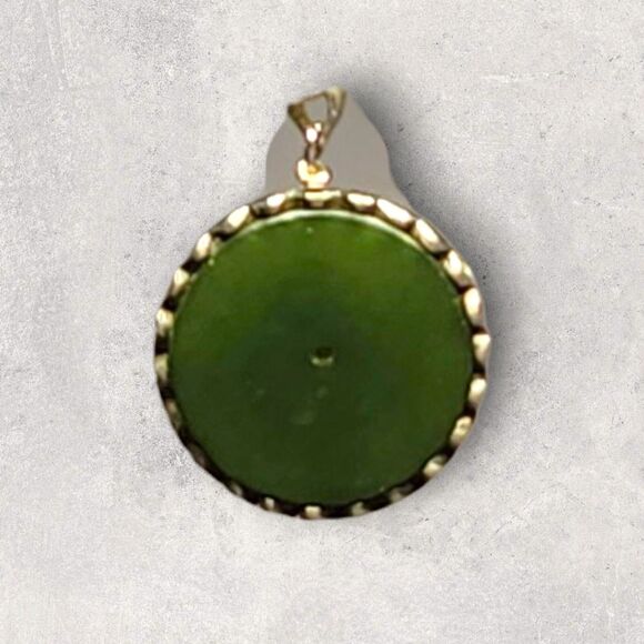Vintage Chinese Jade Sterling Silver Longevity Pendant Green Nephrite Disc Charm - Picture 3 of 5